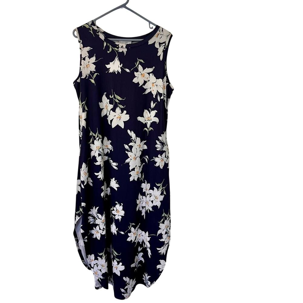 Hount Navy Blue Floral Sleeveless Maxi Dress with Pockets Slits Size XL